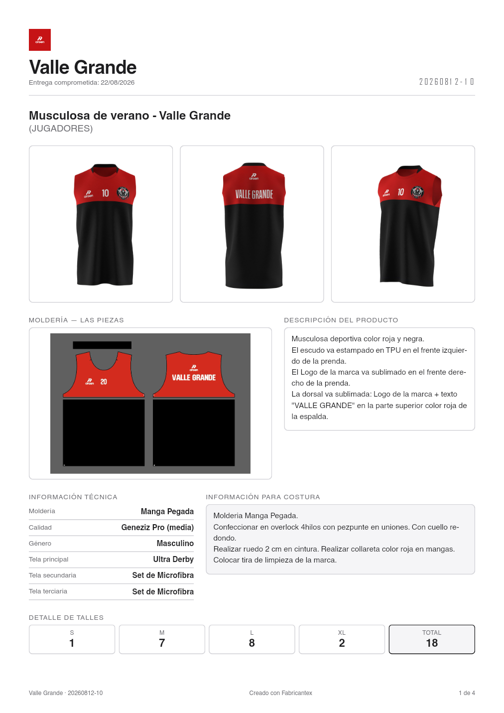 Ficha técnica del pedido de Valle Grande: los tres renders de la musculosa, la moldería desarmada, la descripción del producto, la calidad, las tres telas, el texto de costura y el cuadro de talles con 1 S, 7 M, 8 L y 2 XL, 18 en total.