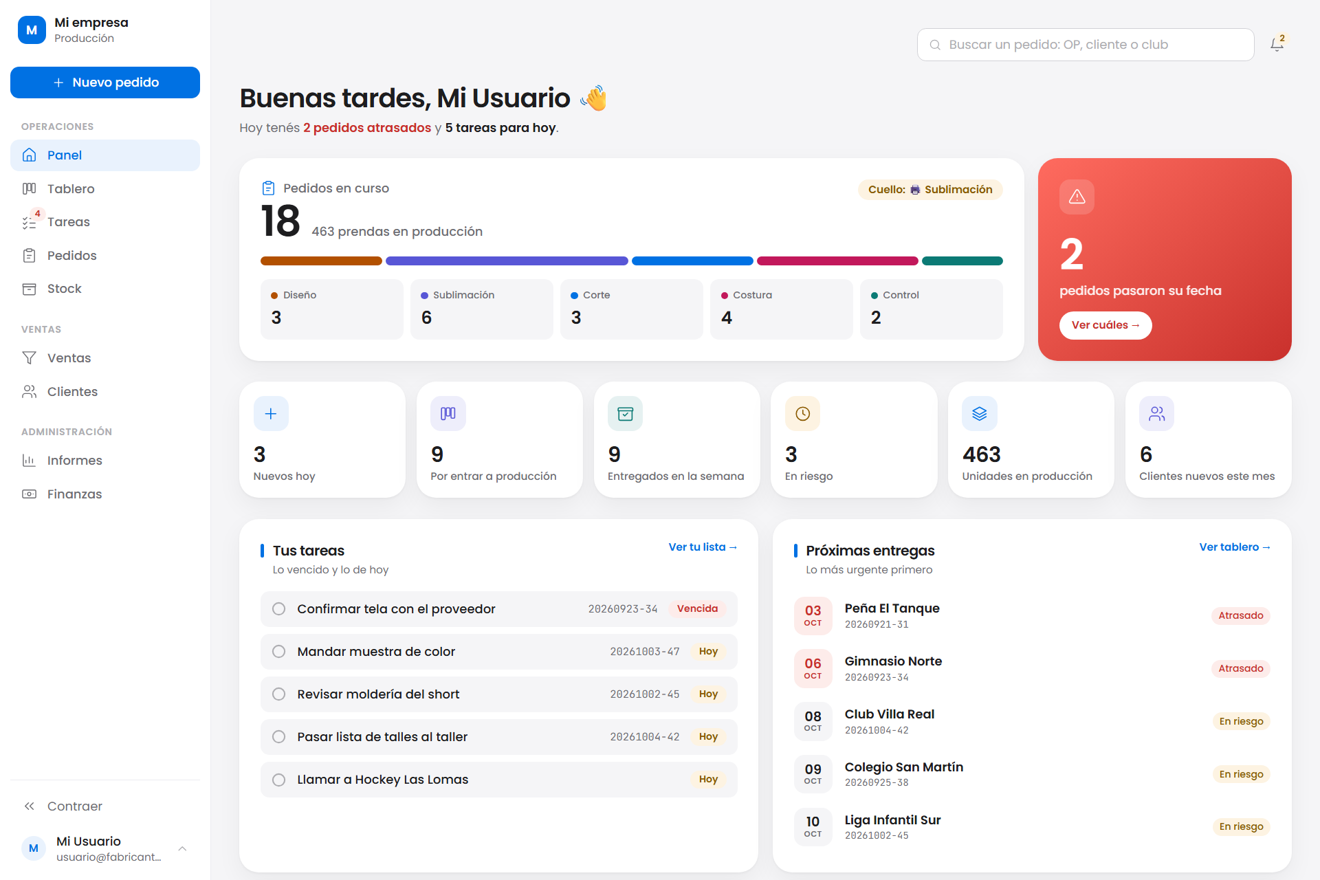 El panel de la app apenas entrás: los pedidos en curso con cuántos hay en cada etapa, los atrasados aparte en rojo, seis números del día, y abajo tus tareas y las próximas entregas.